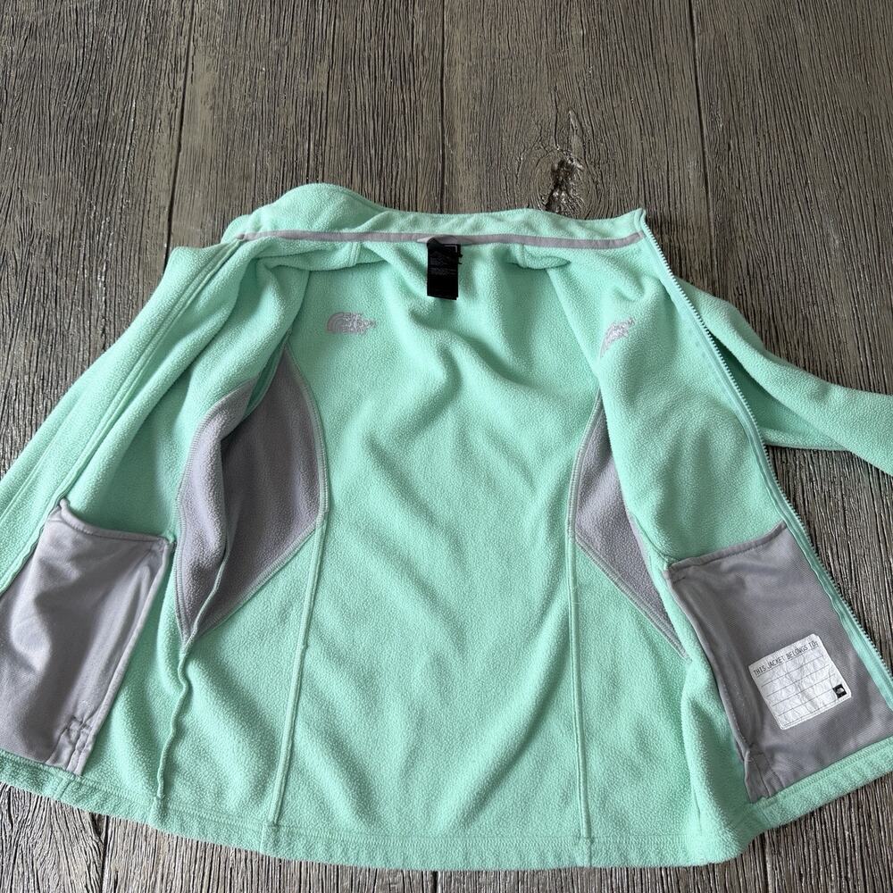 North Face Jacket Girls Large L Green Grey Fleece Full Zip Logo Zippered Pockets - Picture 6 of 7